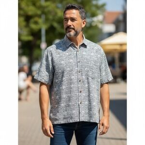 Bermuda Bay Silk Hawaiian Shirt Mens L Gray Tropical Camp Button Up Resort